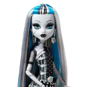 Primer plano del rostro y peinado de la muñeca Frankie Stein Monster High Reel Drama.