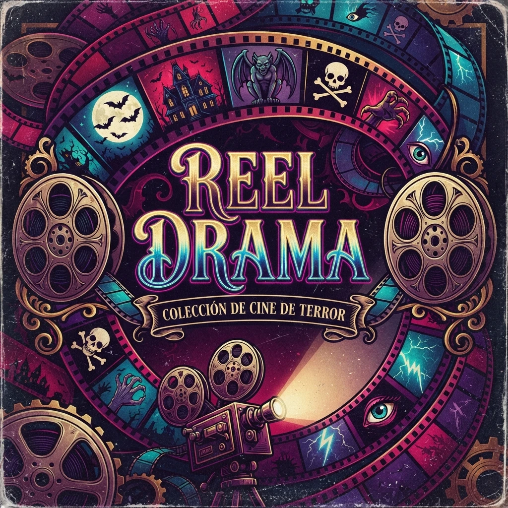 Ilustración de portada de Monster High Reel Drama con temática de cine de terror, rollos de película y proyector vintage para la colección de Monster City Dolls.