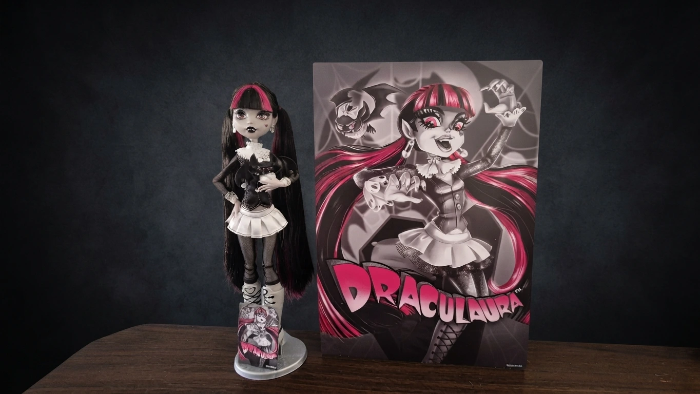 Detalle de la caja y póster de Draculaura Reel Drama